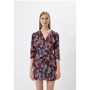 The Kooples Paisley Flowers Silk Mini Dress Size 1 (US S 4) Wrap V-Neck NWT